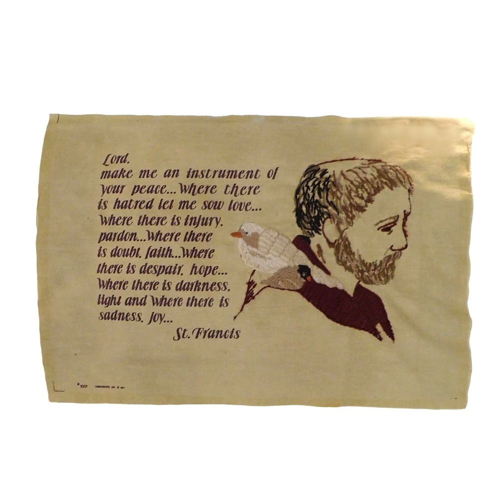 Vintage Finished St. Francis Inspiration Prayer Crewel Needlework